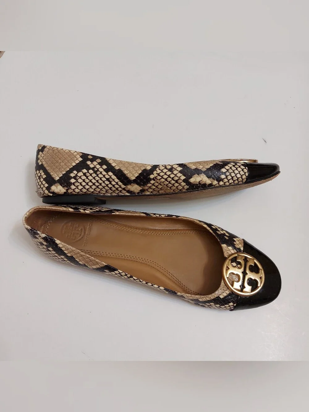 Tory Burch Beige Black Snake-Print Reva Ballet Flat